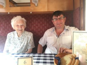 Richard and Alex's Mum on the train on the Bluebell Railway where they had fish and chips.