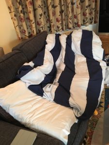 This is where he is sleeping whilst I can't go upstairs. It doesn't look very comfortable!