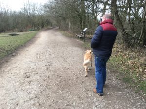 Taking him for a walk on Reigate Hill. (Actually I took them both with me, but Daddy Richard was taking photographs!)